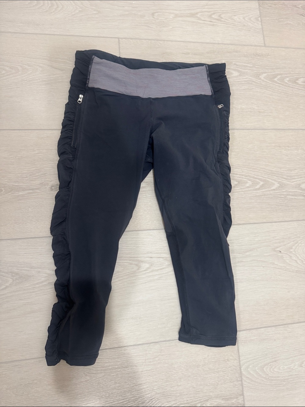lululemon athletica Black Capri Leggings with Gray Waistband and Side Ruching
